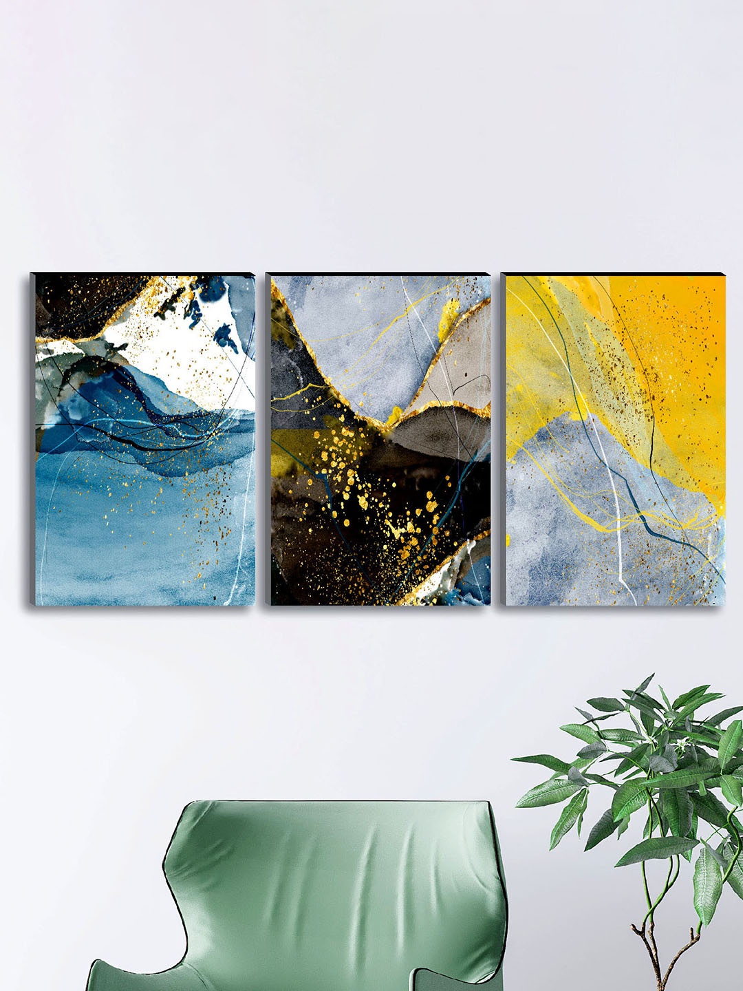 

SAF Set of 3 Blue & Yellow Modern Art Large Panel UV Textured Wall Painting