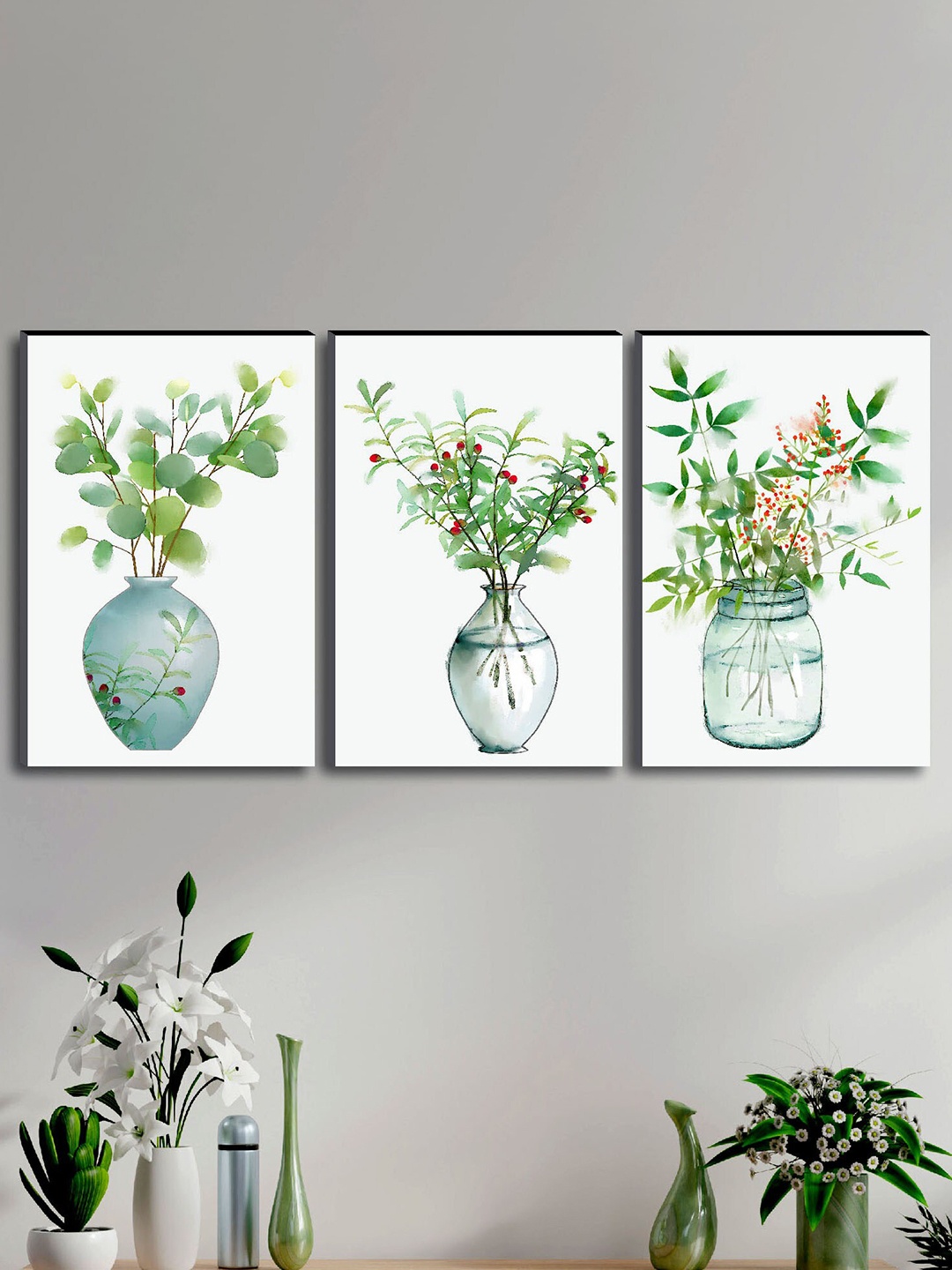 SAF Set of 3 Flower Pot Modern Art Large Panel UV Textured Wall Painting, White