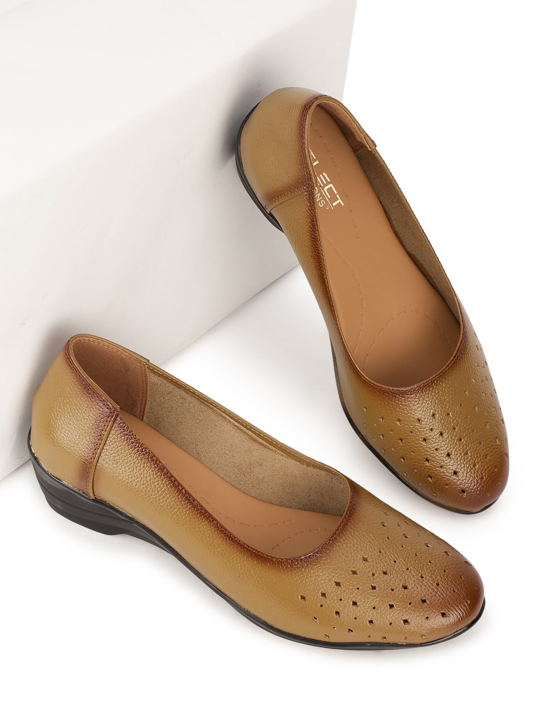 

FOOTONS Women Beige Textured Ballerinas with Laser Cuts Flats