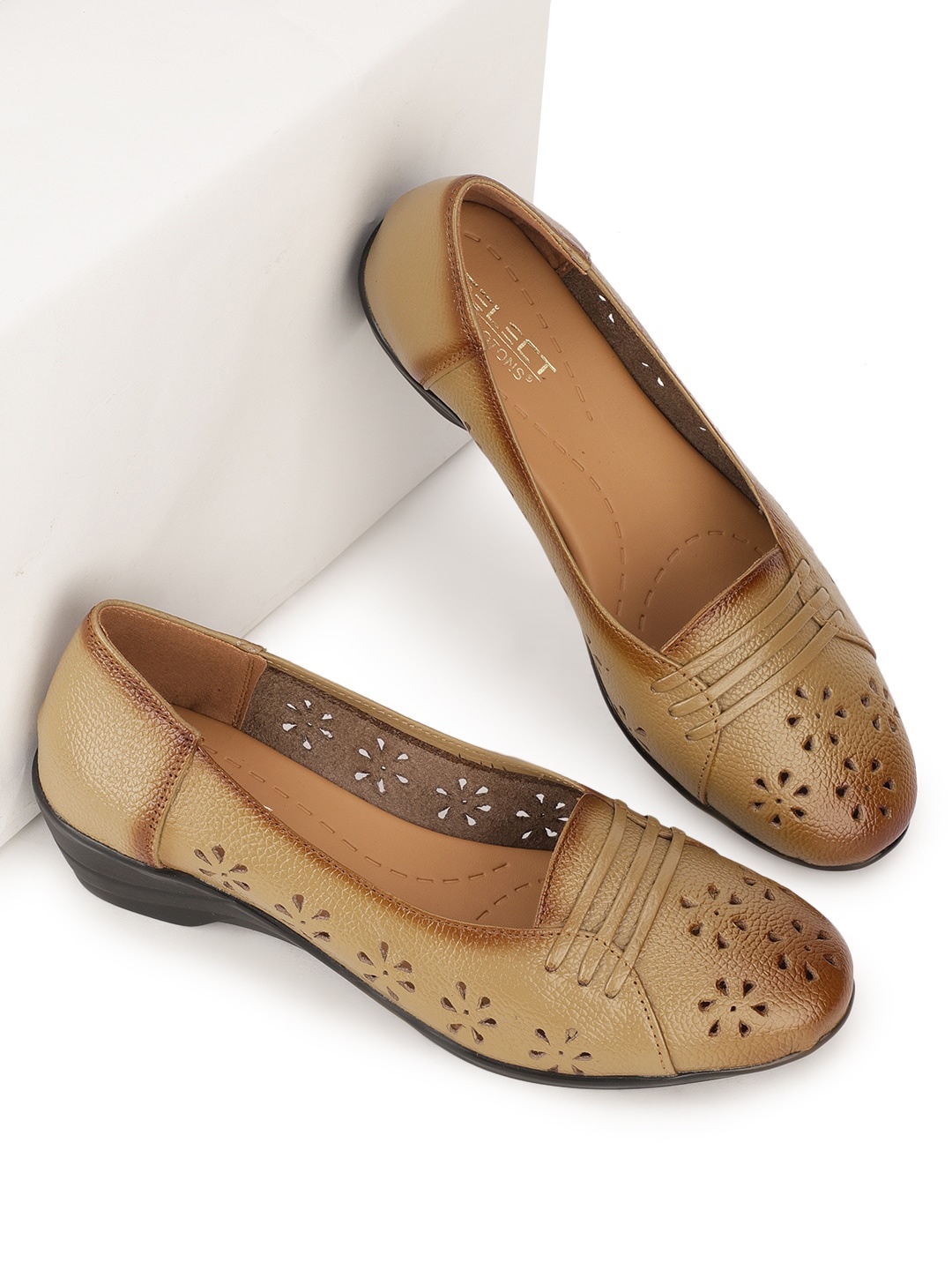 

FOOTONS Women Beige Textured Ballerinas with Laser Cuts Flats