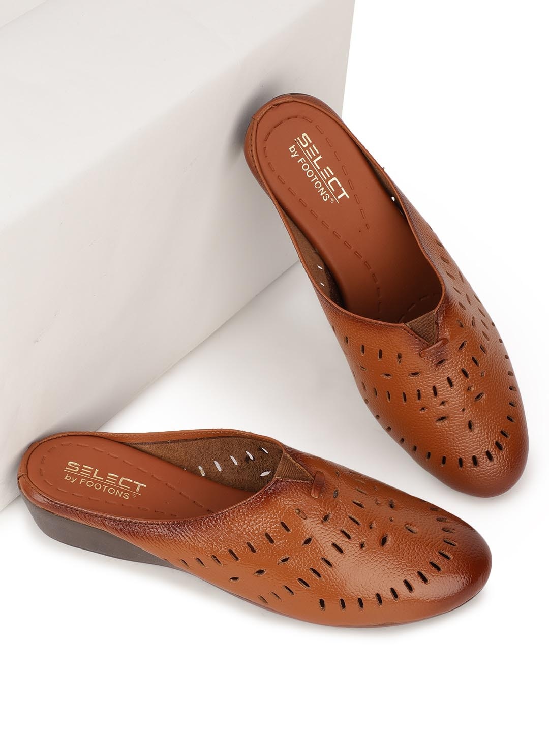 

FOOTONS Women Tan Textured Mules with Laser Cuts Flats