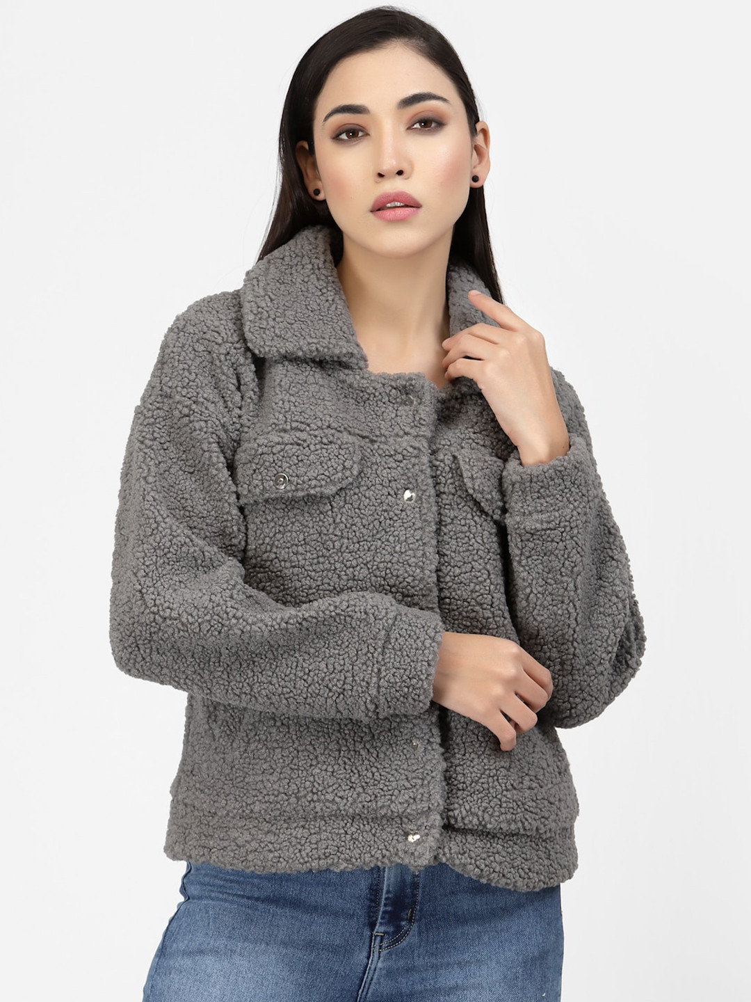 

Juelle Women Grey Front Open Fleece Sweater