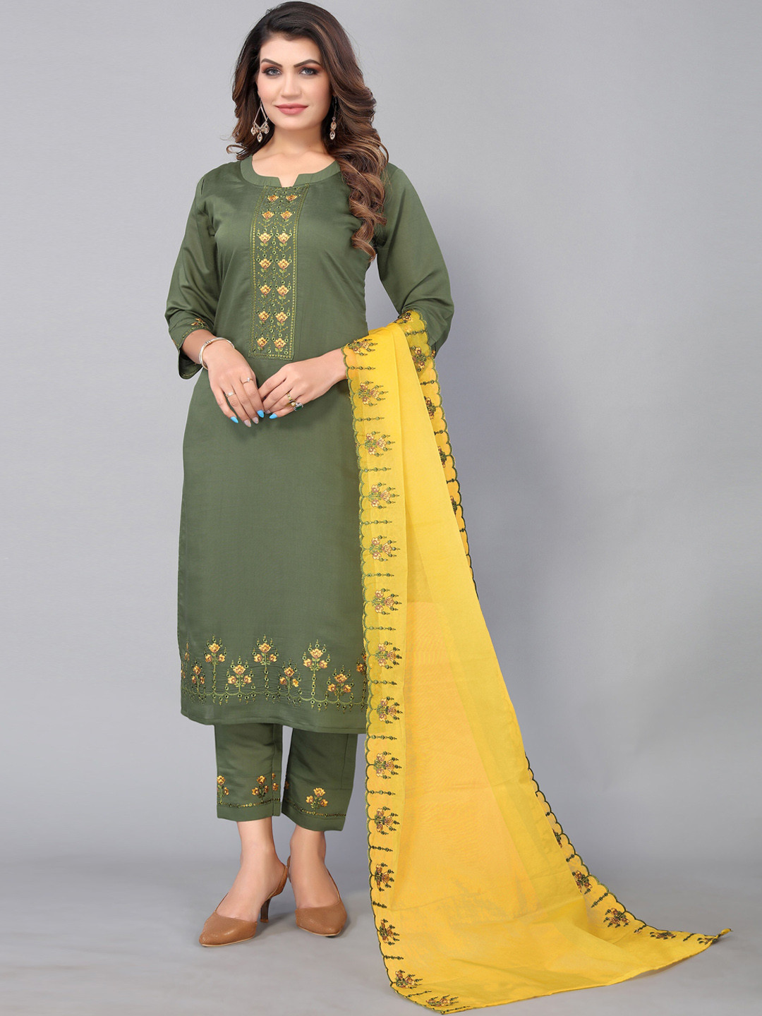 

Nimayaa Green Ethnic Motifs Embroidered Pure Cotton Kurta with Trousers & With Dupatta
