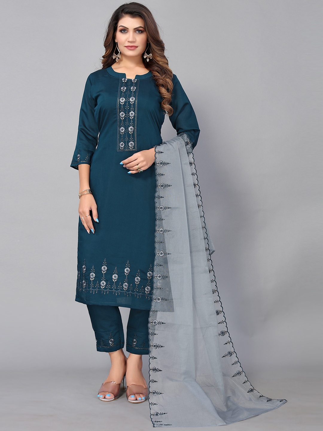 

Nimayaa Blue Floral Embroidered Kurta with Trousers & With Dupatta