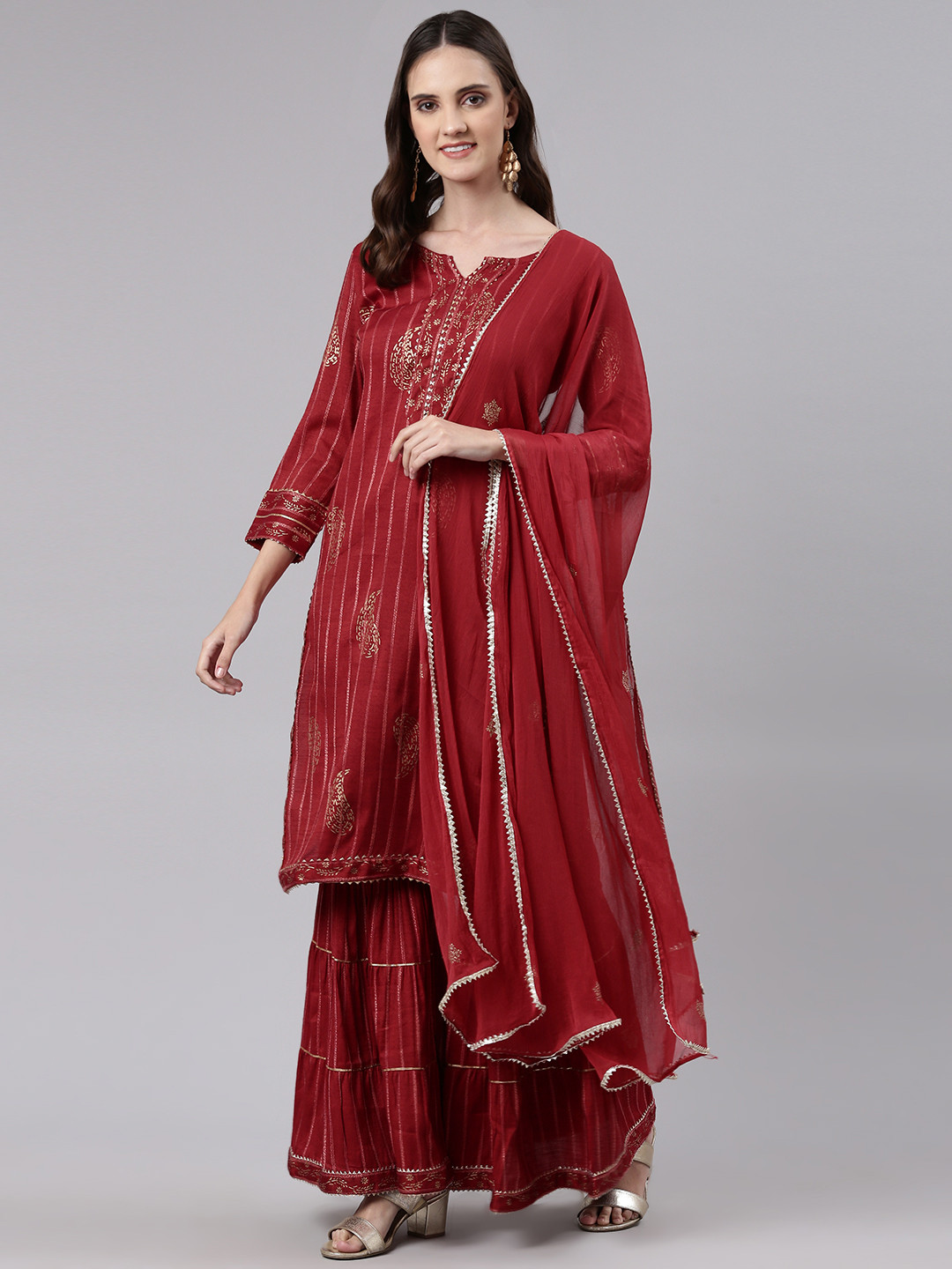 

Readiprint Fashions Women Gotta Patti Kurta With Sharara & With Dupatta, Red
