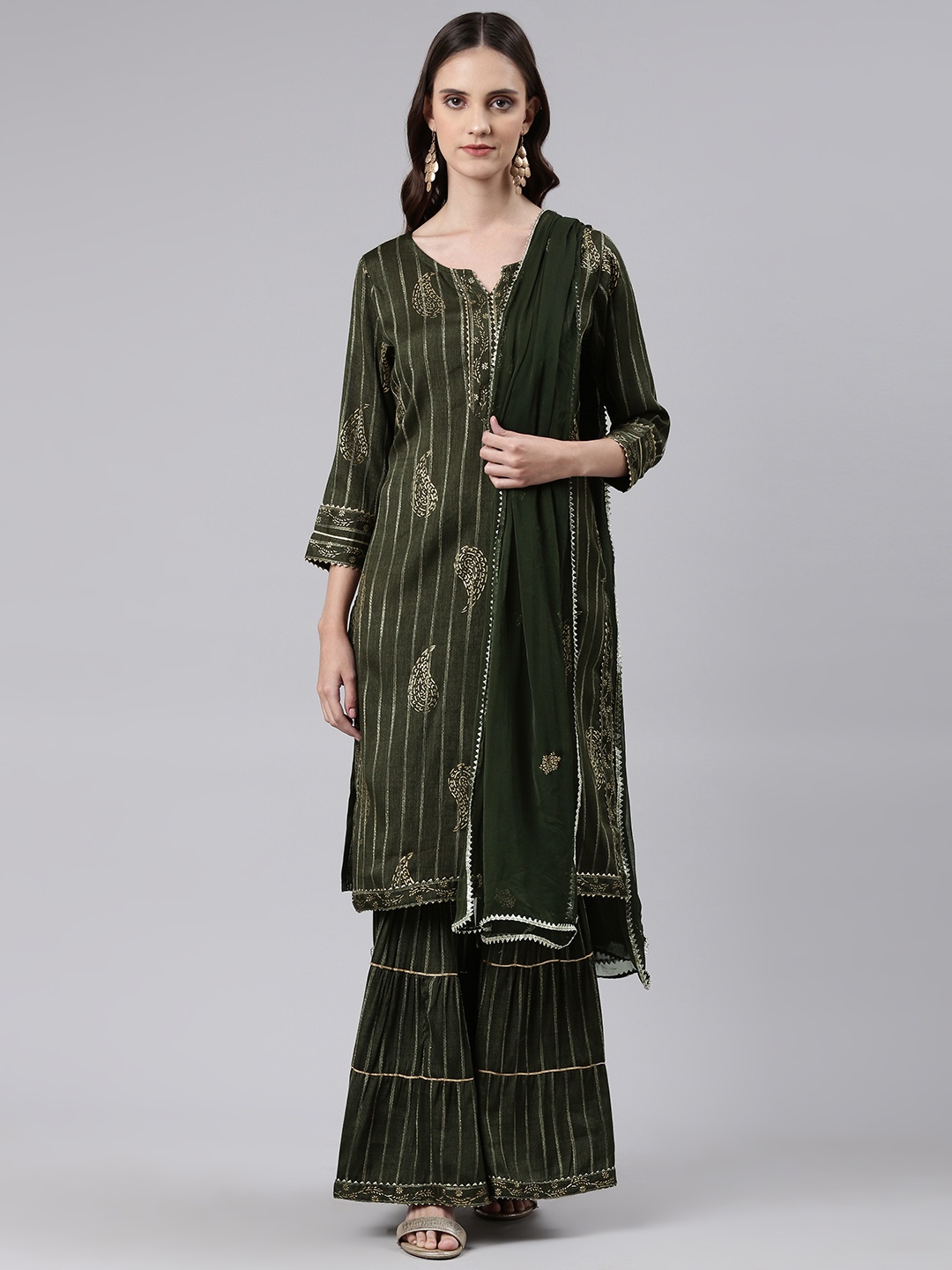 

Readiprint Fashions Women Paisley Gotta Patti Kurta With Sharara & With Dupatta, Olive