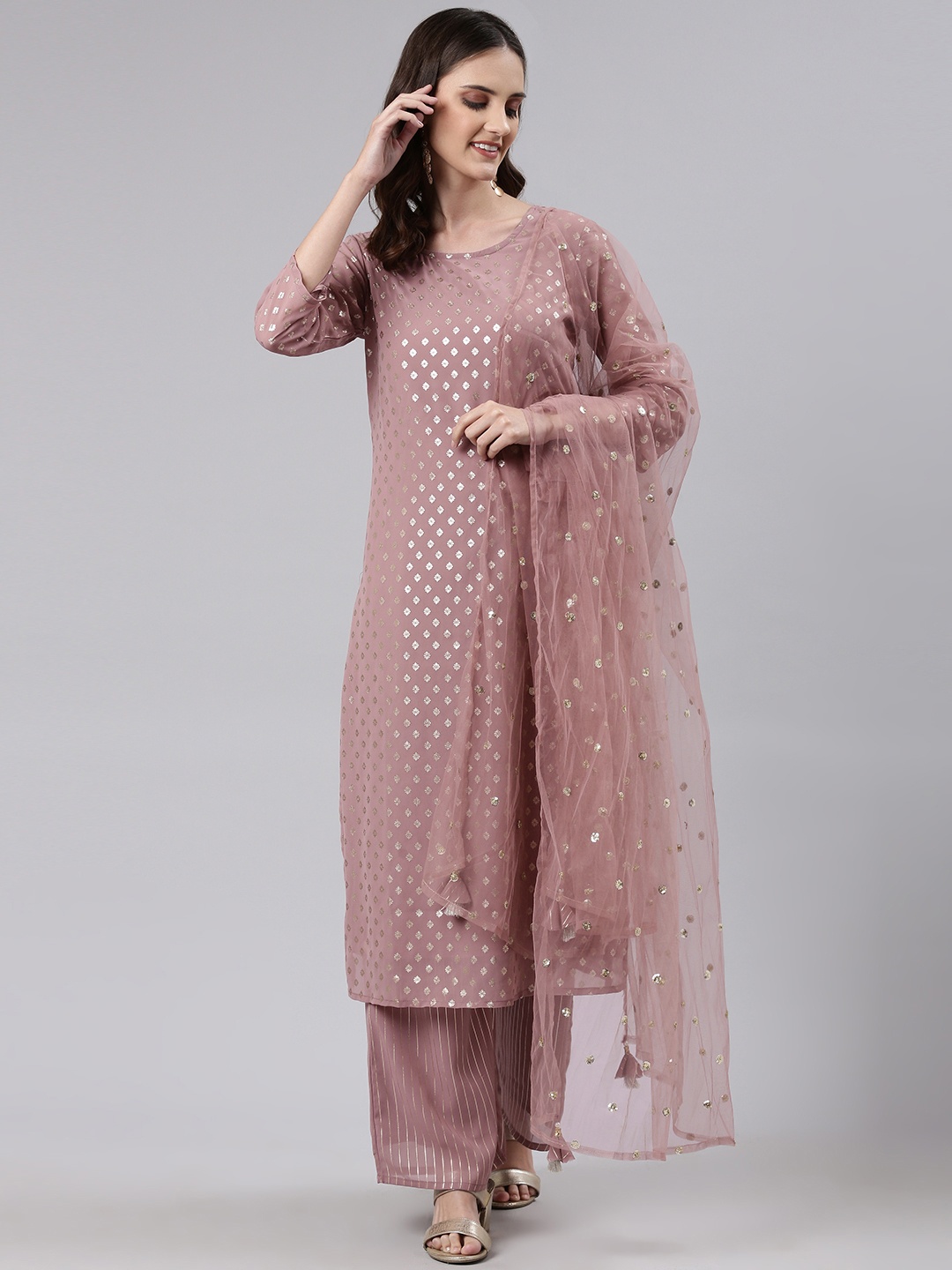 

Readiprint Fashions Women Ethnic Motifs Printed Kurta With Palazzos & With Dupatta, Mauve