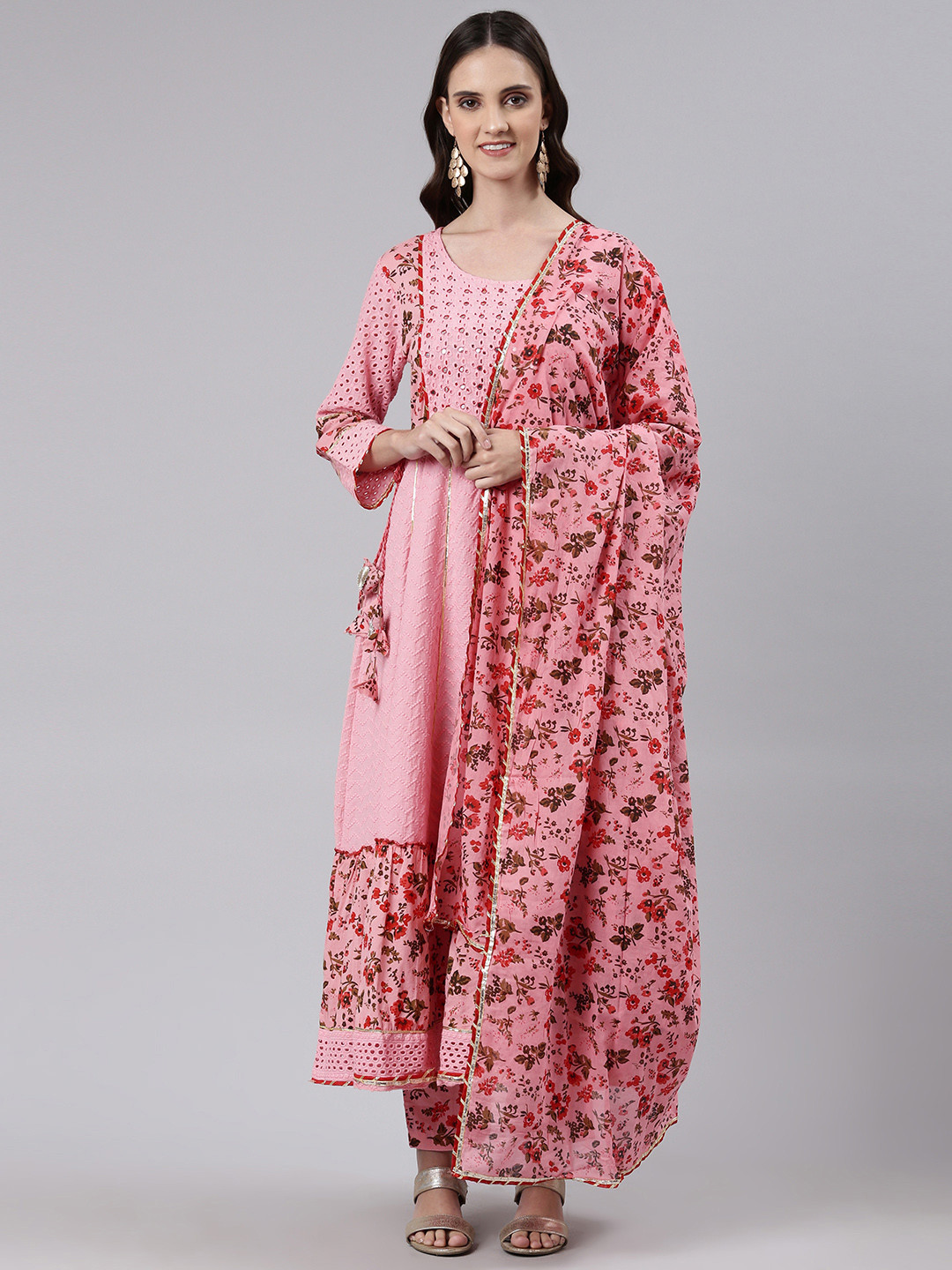 

Readiprint Fashions Women Floral Embroidered Mirror Work Kurta With Trousers & Dupatta, Pink