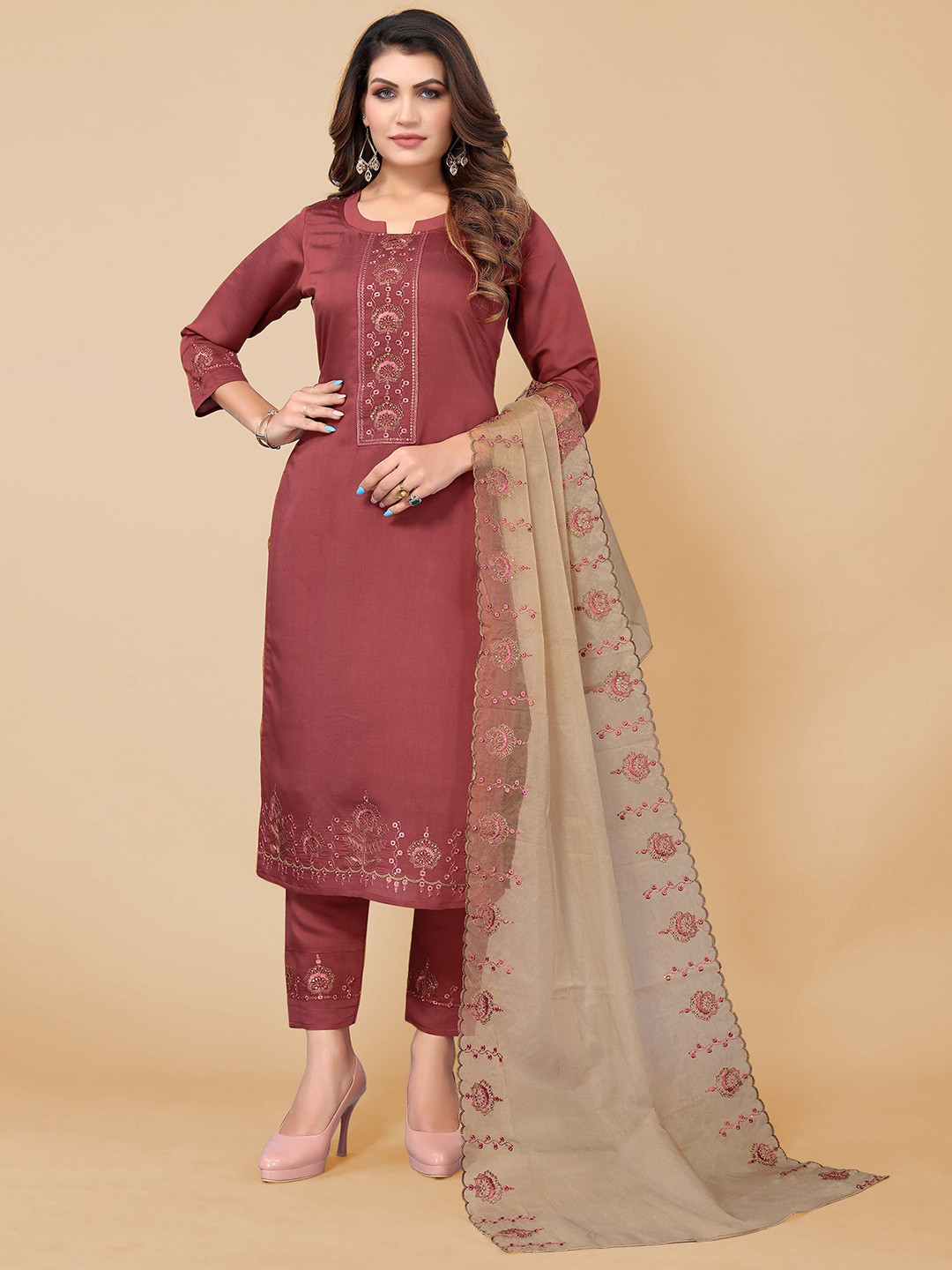 

KALINI Women Maroon Ethnic Motifs Embroidered Pure Cotton Kurta With Trousers & Dupatta