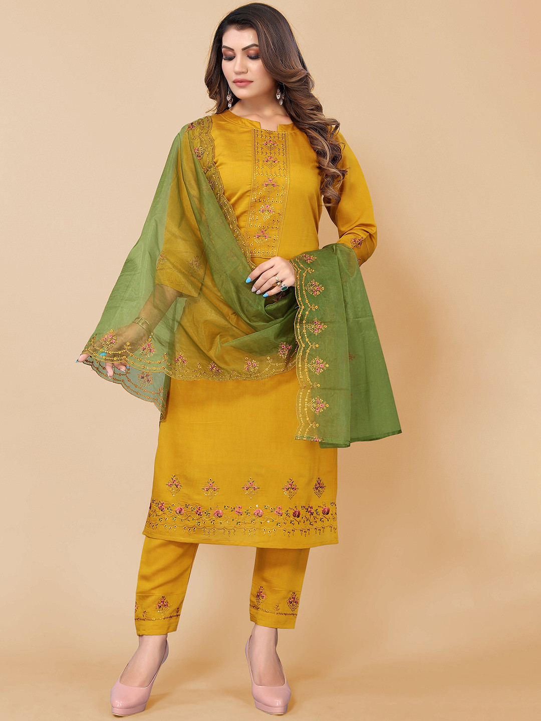 

KALINI Women Mustard Yellow Embroidered Pure Cotton Kurta with Trousers & Dupatta