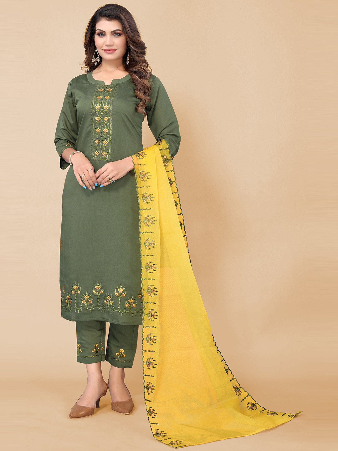 

KALINI Women Green Ethnic Motifs Embroidered Pure Cotton Kurta With Trousers & Dupatta