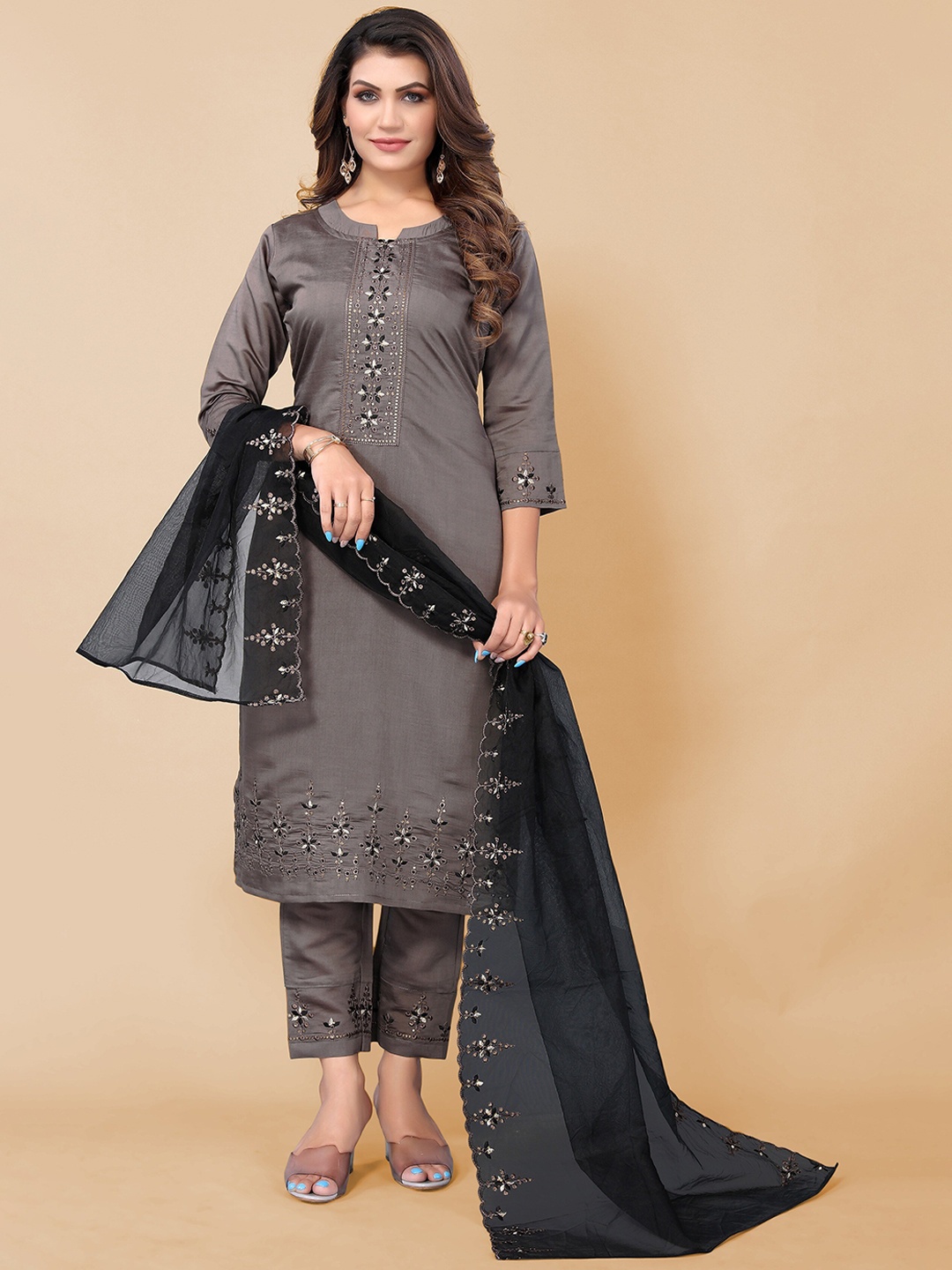 

KALINI Women Grey Floral Embroidered Thread Work Pure Cotton Kurta With Trousers & Dupatta