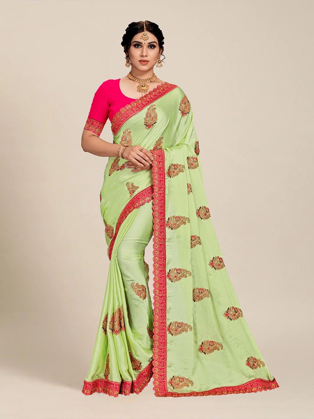 

MS RETAIL Green & Gold-Toned Paisley Embroidered Silk Blend Saree