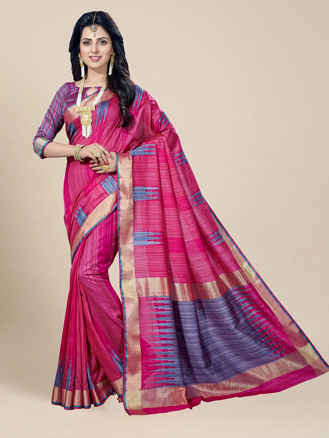 

MS RETAIL Pink & Gold-Toned Woven Design Zari Silk Blend Fusion Kanjeevaram Saree