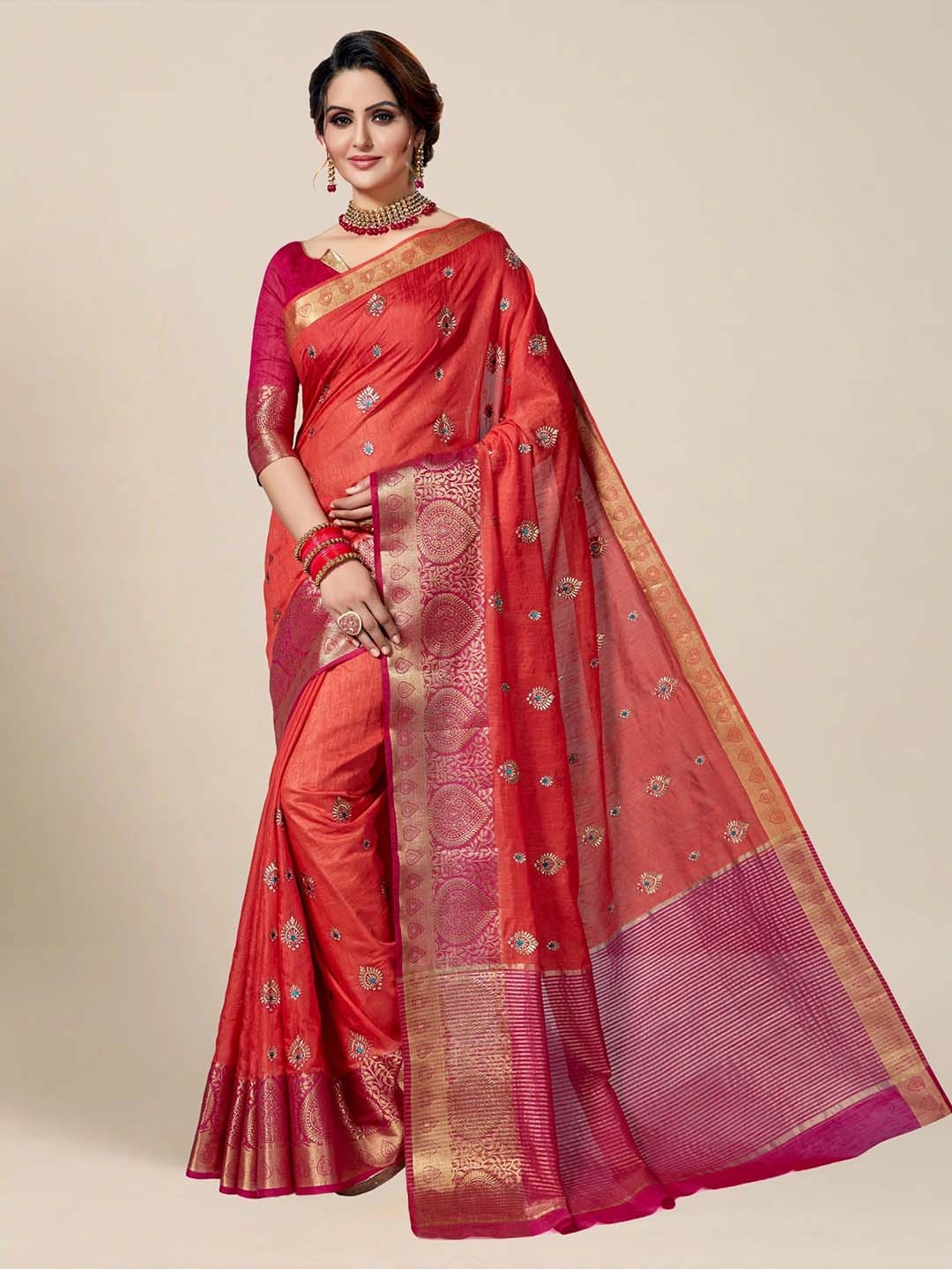 

MS RETAIL Orange & Pink Floral Zari Silk Blend Heavy Work Kanjeevaram Saree