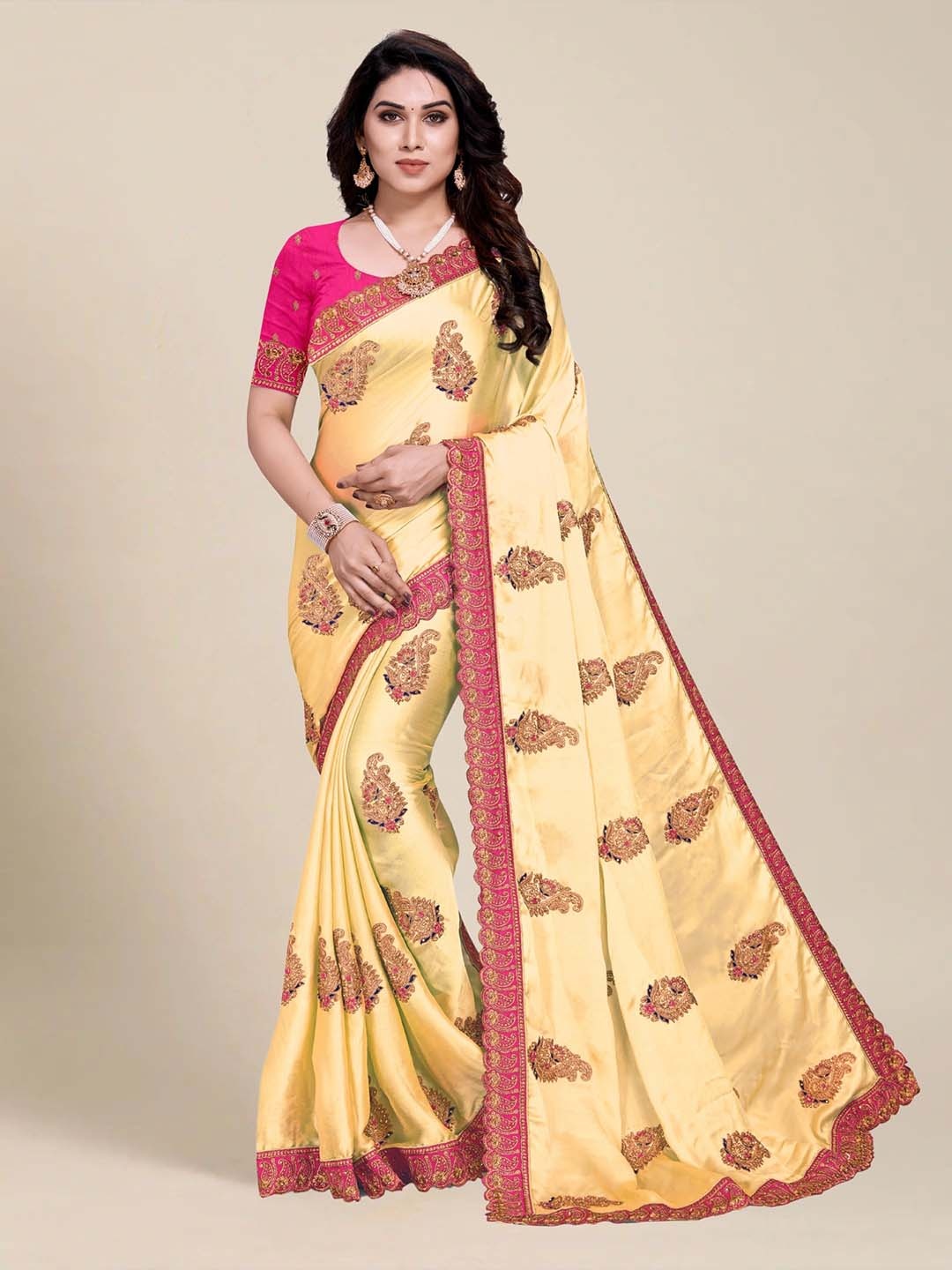 

MS RETAIL Cream-Coloured & Pink Paisley Embroidered Silk Blend Saree