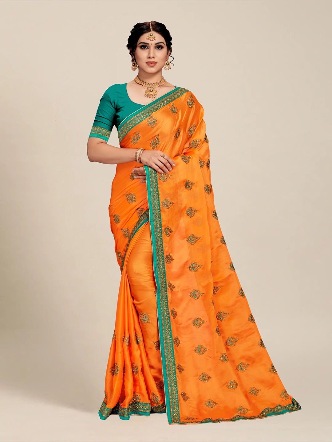 

MS RETAIL Orange & Green Ethnic Motifs Embroidered Silk Blend Saree