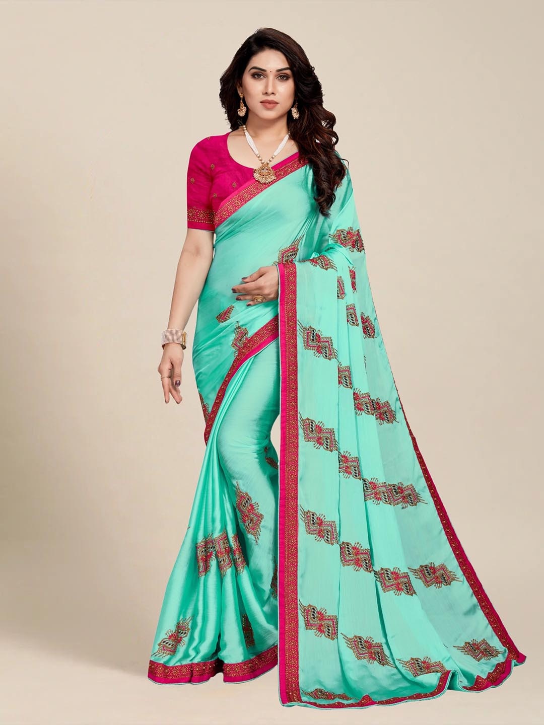 

MS RETAIL Blue & Pink Embellished Embroidered Silk Blend Saree