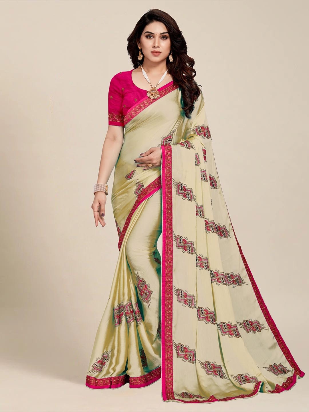 

MS RETAIL Beige & Pink Embellished Embroidered Silk Blend Saree