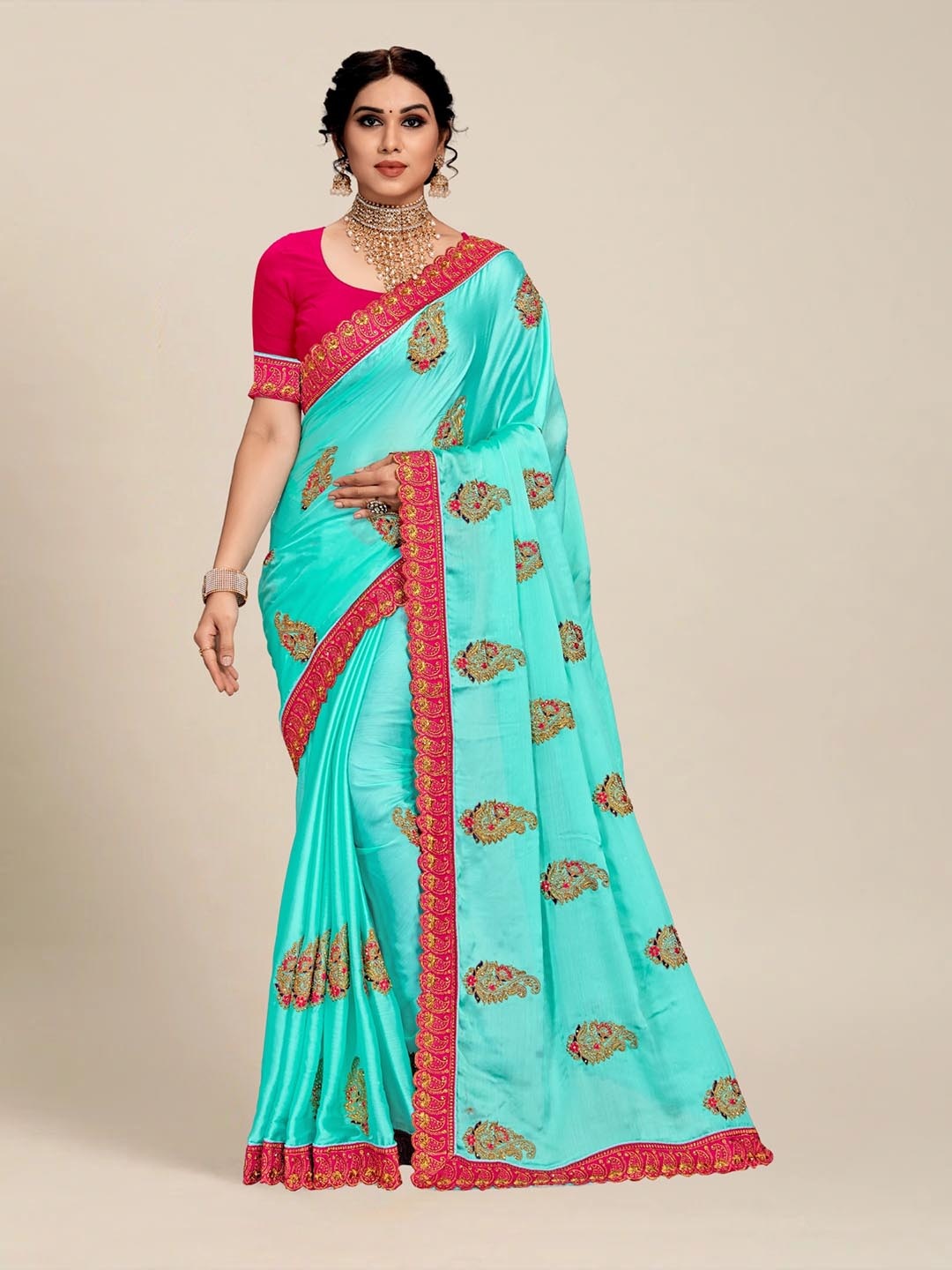 

MS RETAIL Blue & Pink Paisley Embroidered Silk Blend Saree