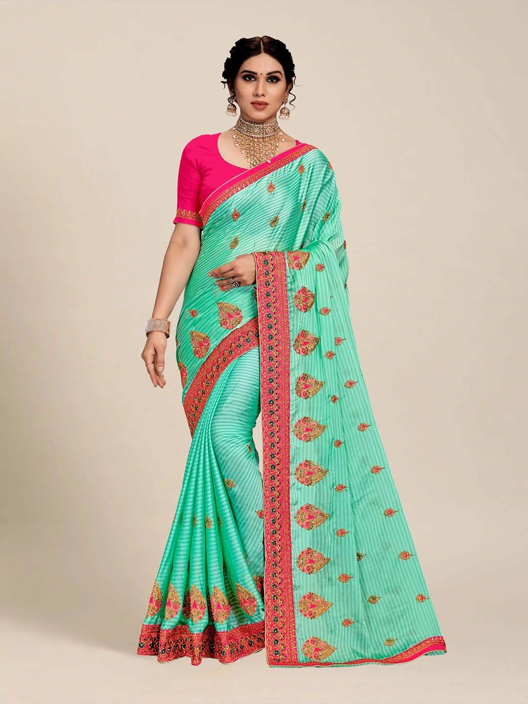 

MS RETAIL Turquoise Blue & Pink Embellished Embroidered Silk Blend Saree