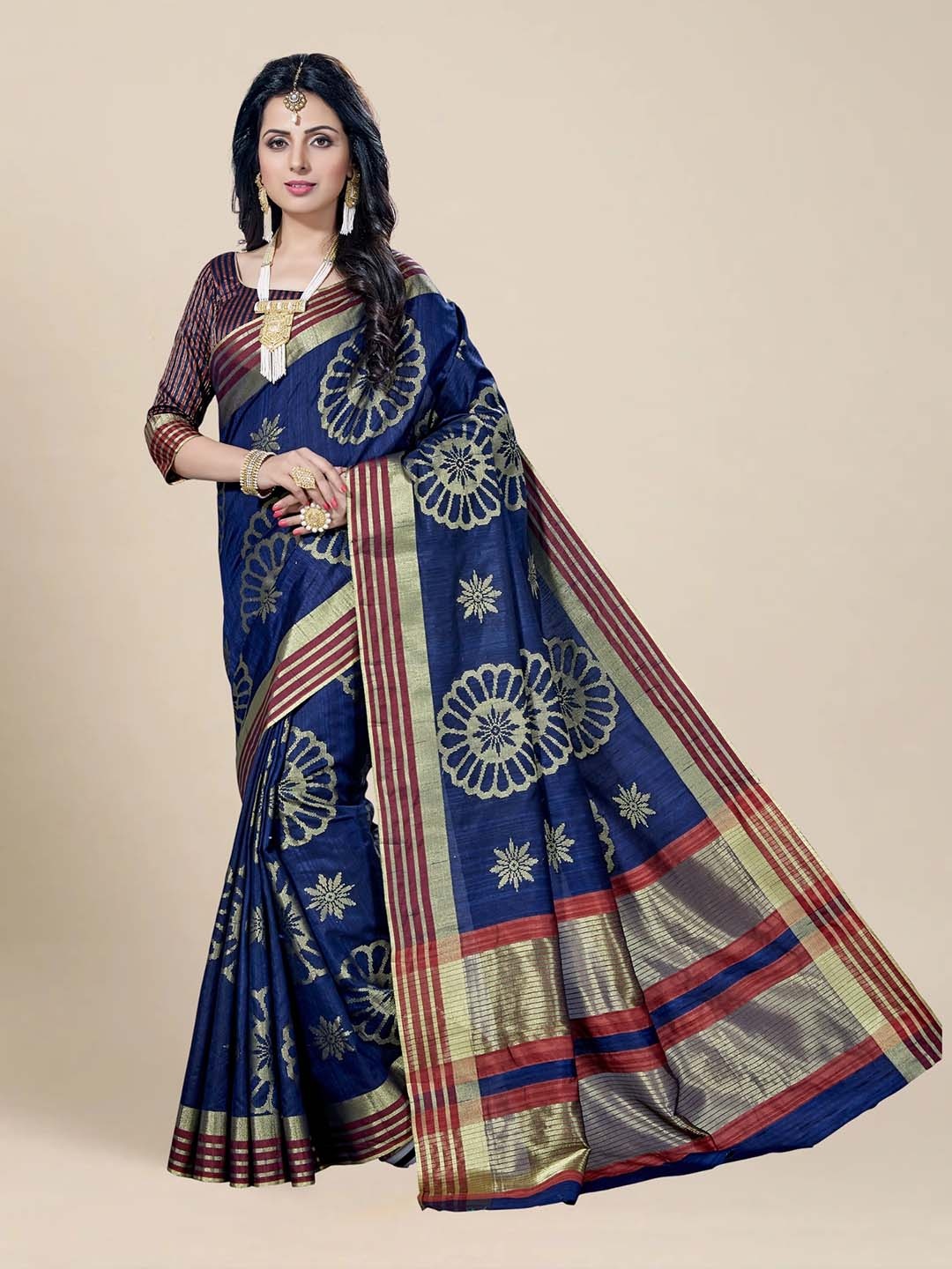 

MS RETAIL Navy Blue & Gold-Toned Floral Zari Silk Blend Kanjeevaram Saree