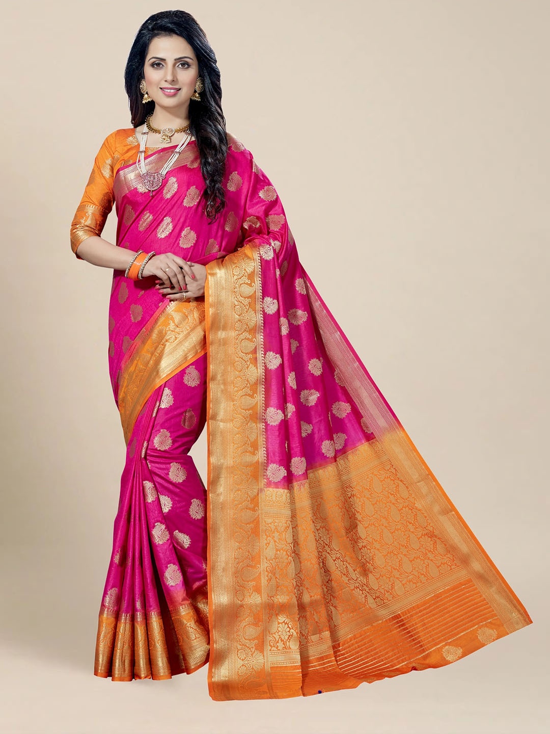 

MS RETAIL Pink & Orange Woven Design Zari Silk Blend Kanjeevaram Saree