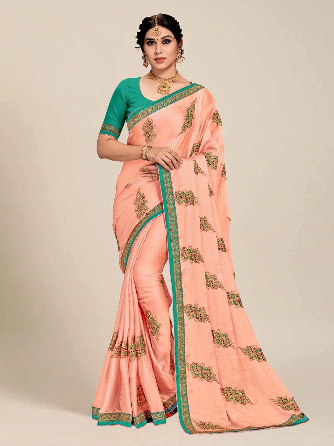 

MS RETAIL Peach-Coloured & Blue Embellished Embroidered Silk Blend Saree