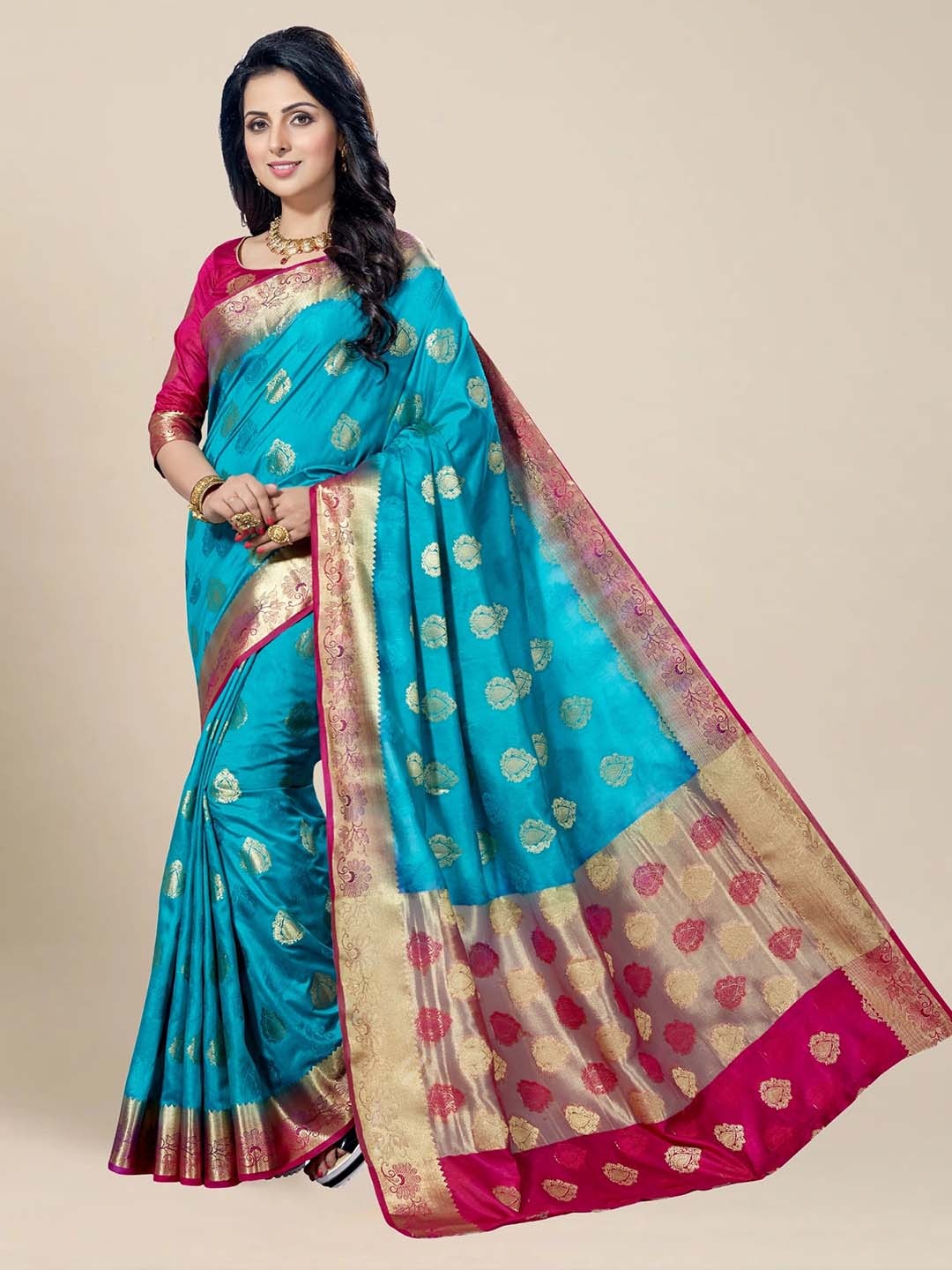 

MS RETAIL Blue & Pink Woven Design Zari Silk Blend Kanjeevaram Saree