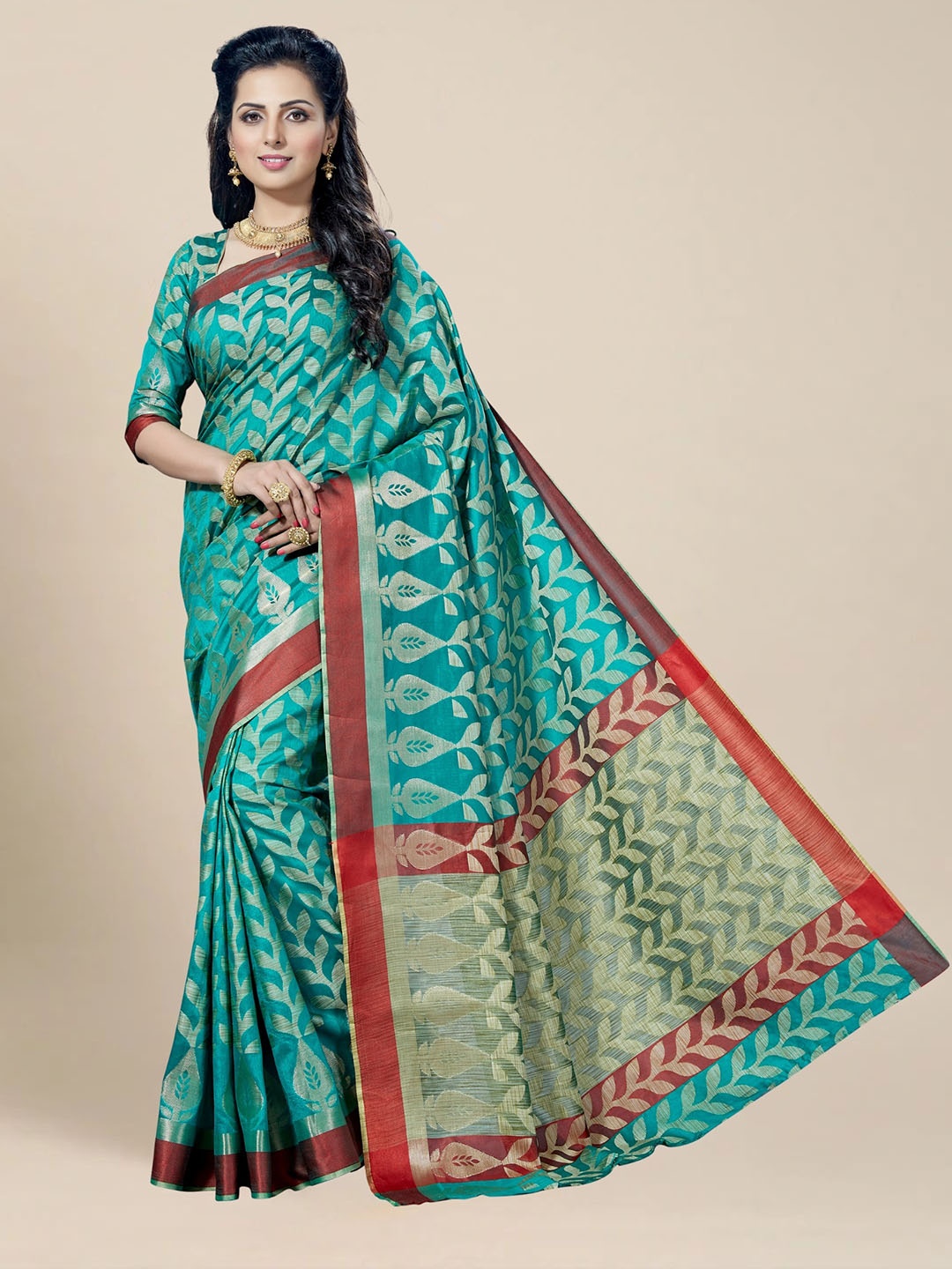 

MS RETAIL Blue & Red Woven Design Zari Silk Blend Kanjeevaram Saree