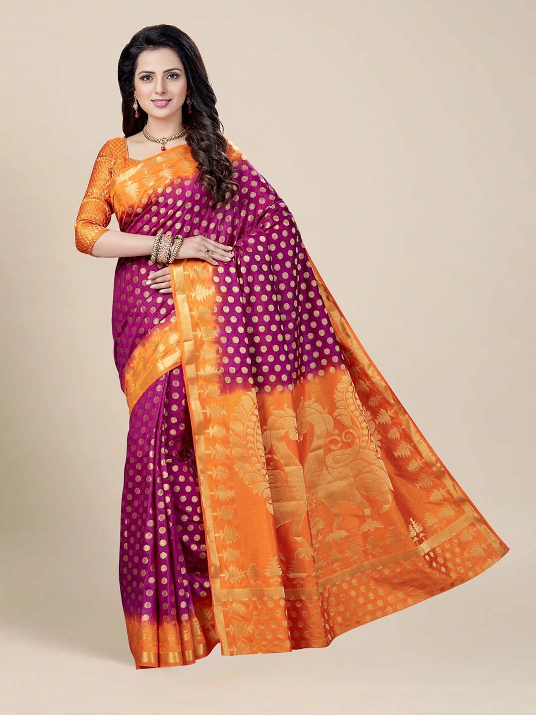 

MS RETAIL Purple & Orange Woven Design Zari Silk Blend Kanjeevaram Saree