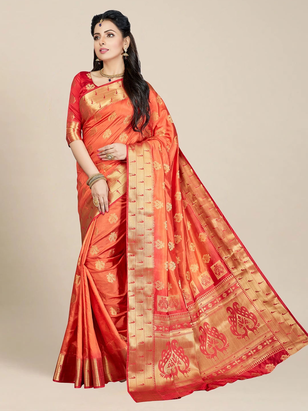 

MS RETAIL Orange & Gold-Toned Woven Design Zari Silk Blend Kanjeevaram Saree