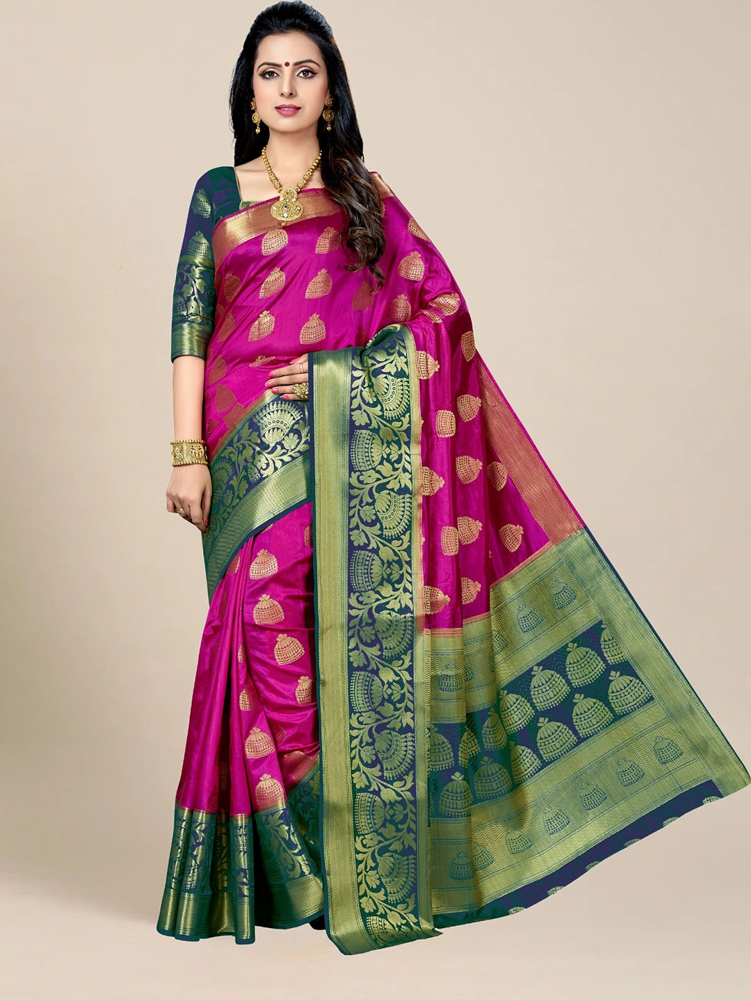 

MS RETAIL Pink & Green Woven Design Zari Silk Blend Kanjeevaram Saree