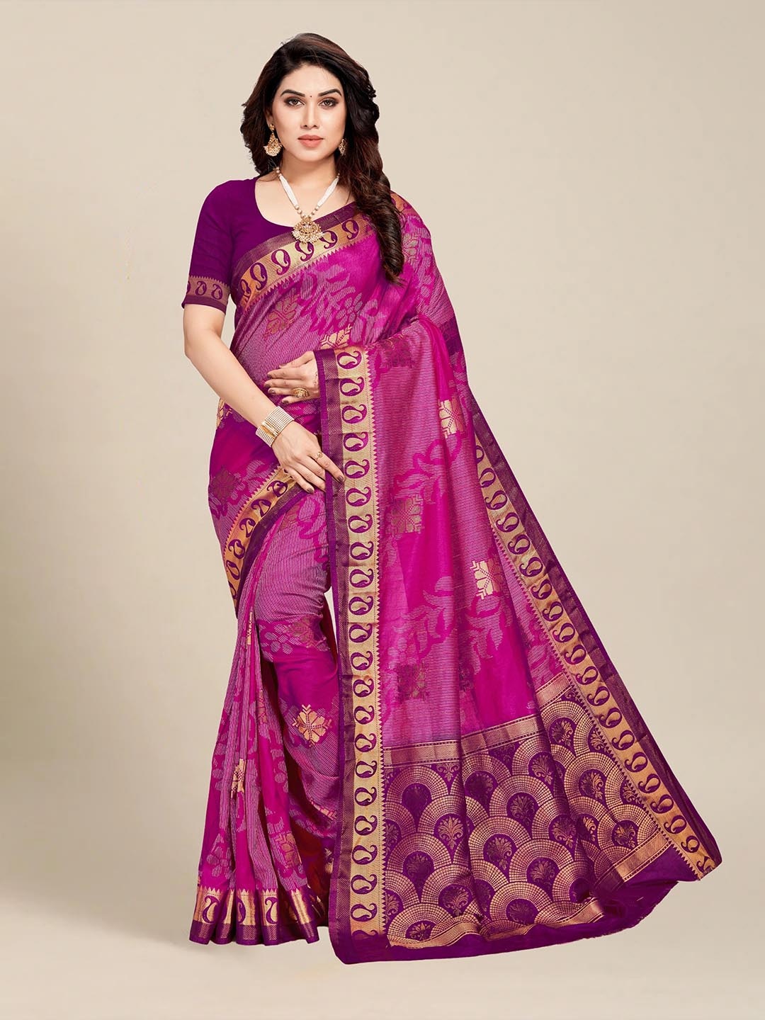 

MS RETAIL Pink & Purple Woven Design Zari Silk Blend Kanjeevaram Saree