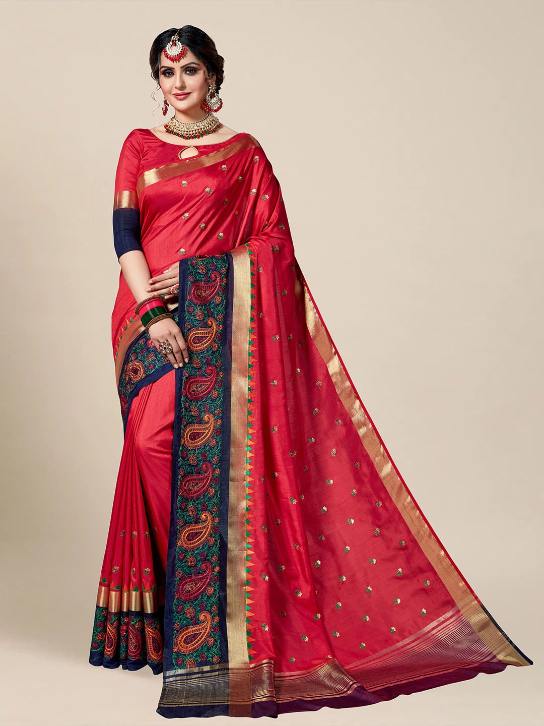 

MS RETAIL Red & Gold-Toned Ethnic Motifs Embroidered Silk Blend Kanjeevaram Saree