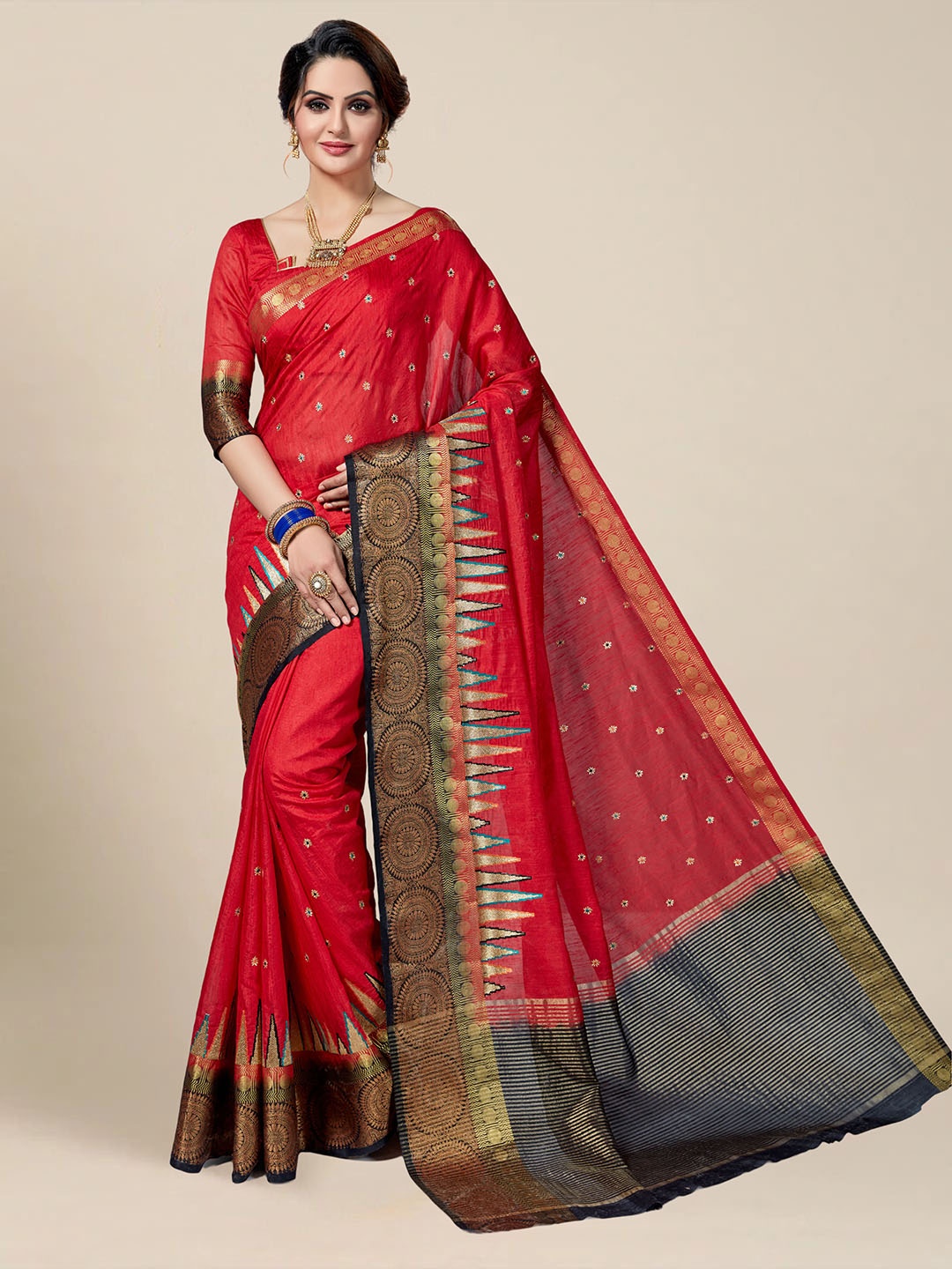 

MS RETAIL Red & Black Woven Design Zari Silk Blend Kanjeevaram Saree