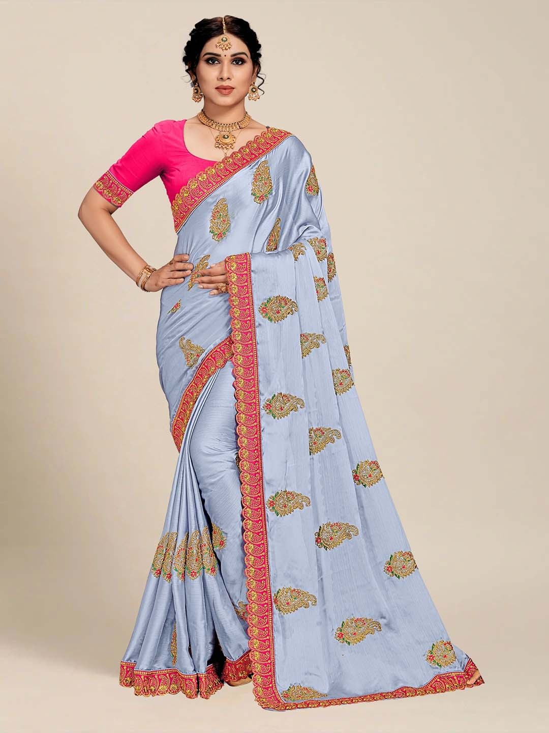 

MS RETAIL Grey & Pink Paisley Embroidered Silk Blend Saree