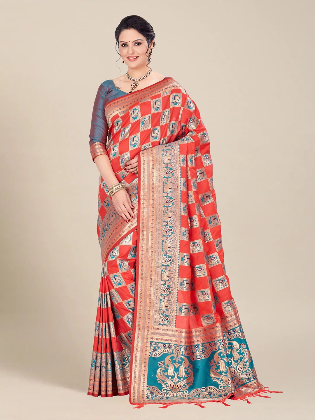 

MS RETAIL Rose & Gold-Toned Woven Design Zari Silk Blend Banarasi Saree