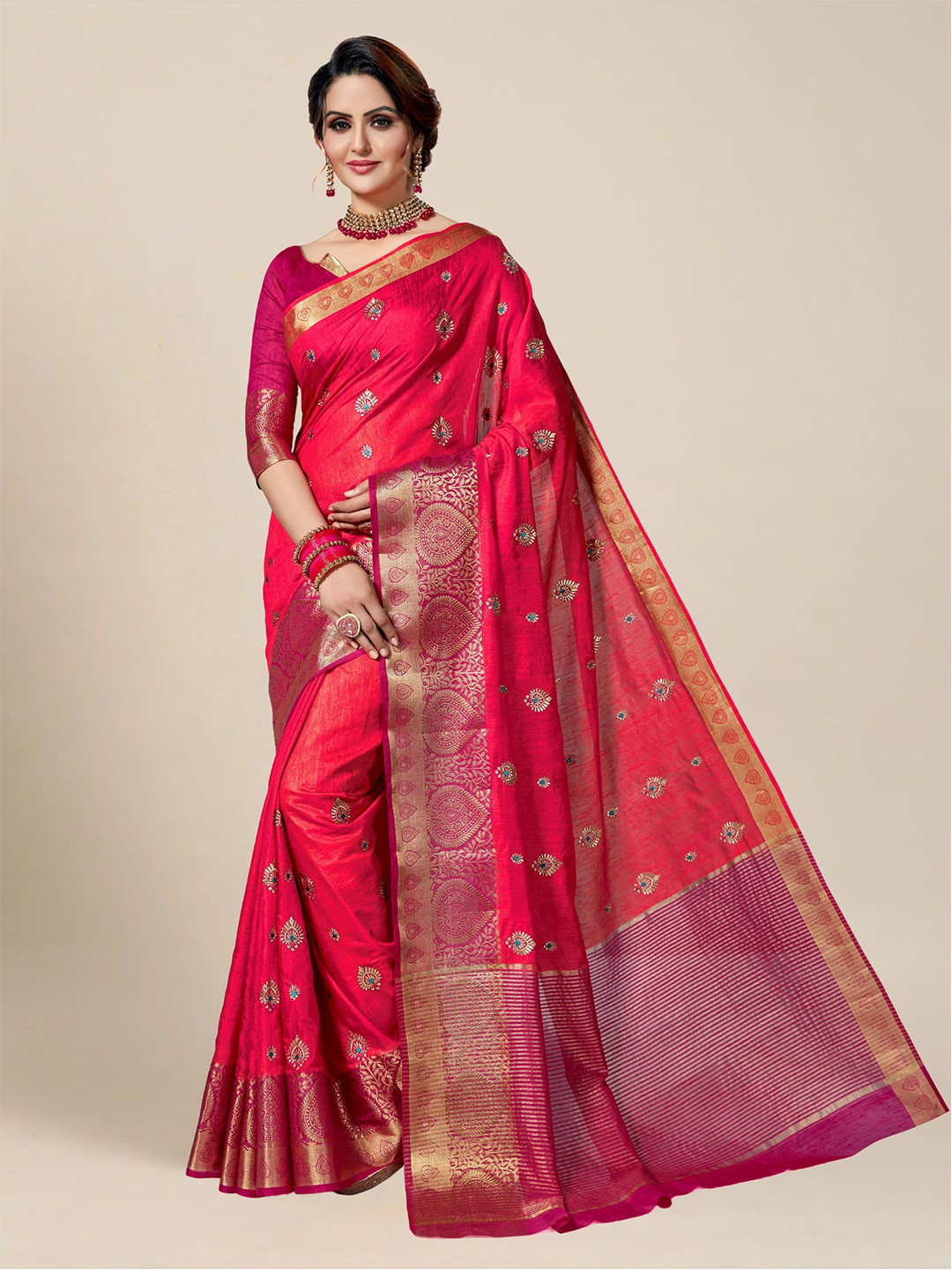 

MS RETAIL Pink & Gold-Toned Woven Design Zari Silk Blend Kanjeevaram Saree