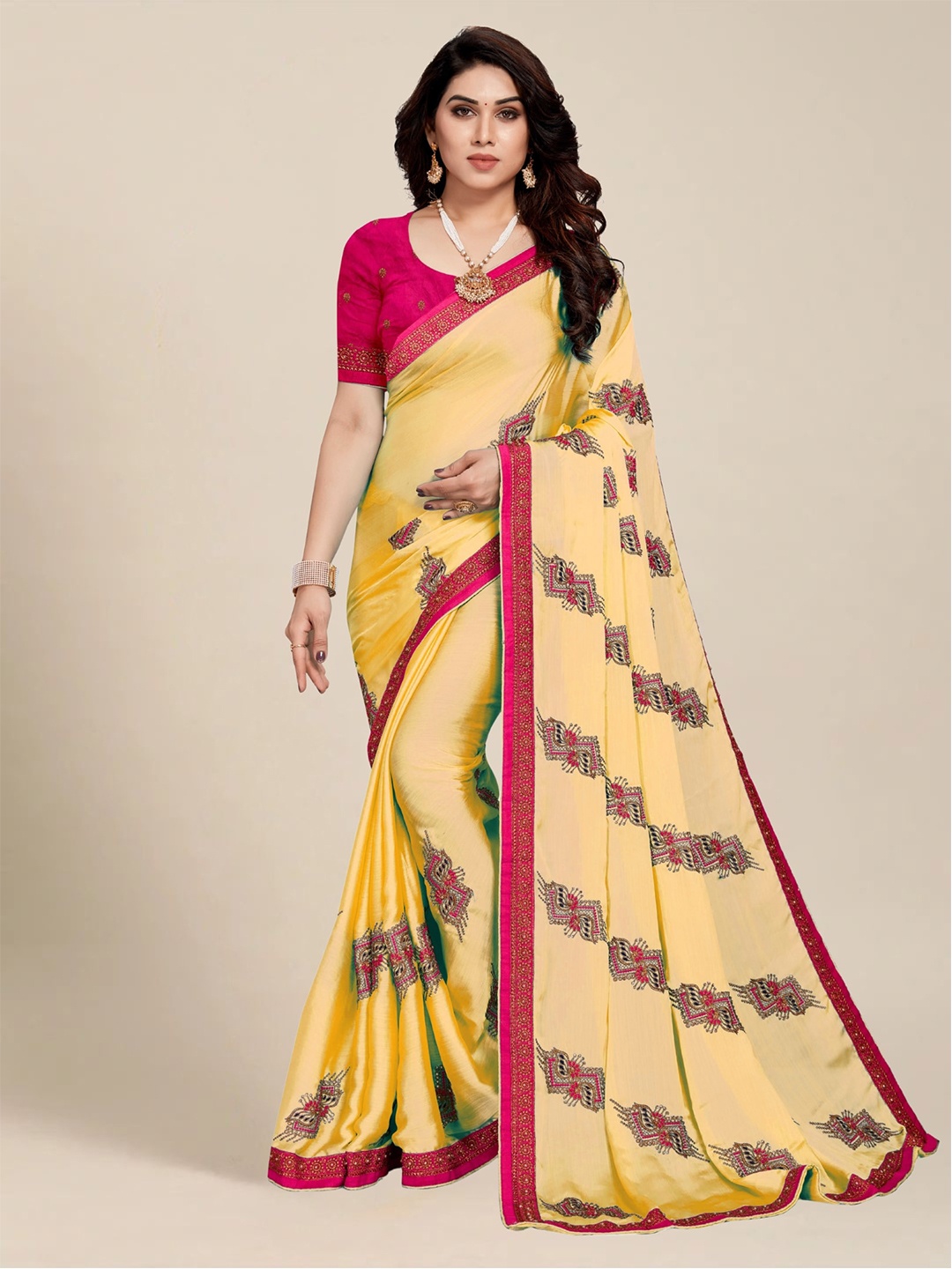 

MS RETAIL Cream & Pink Embroidered Silk Blend Saree