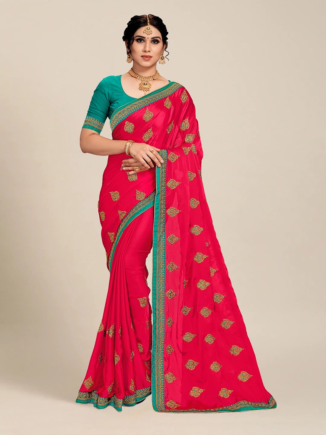

MS RETAIL Magenta & Green Embroidered Silk Blend Saree