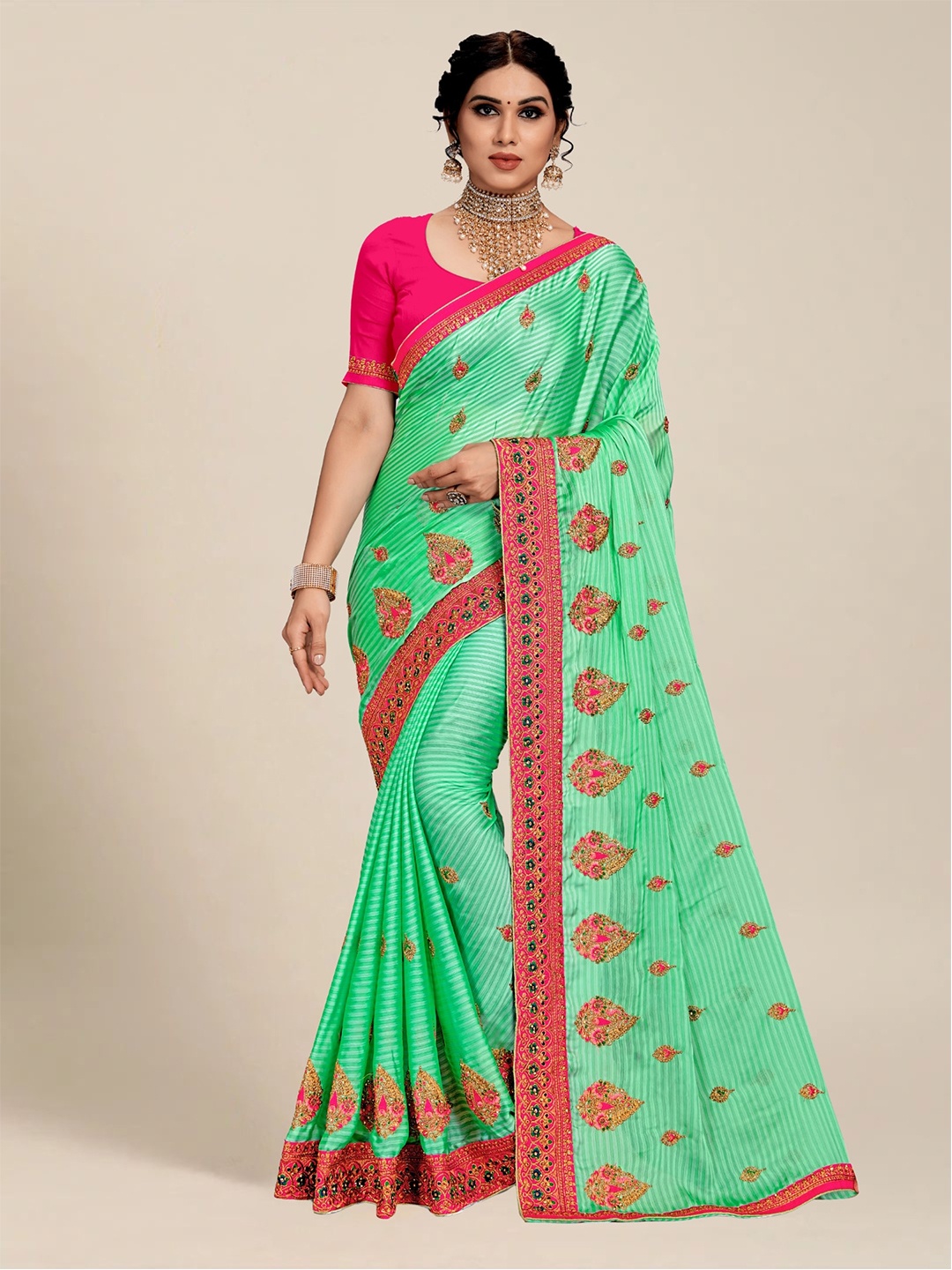 

MS RETAIL Teal & Pink Ethnic Motifs Embroidered Silk Blend Saree