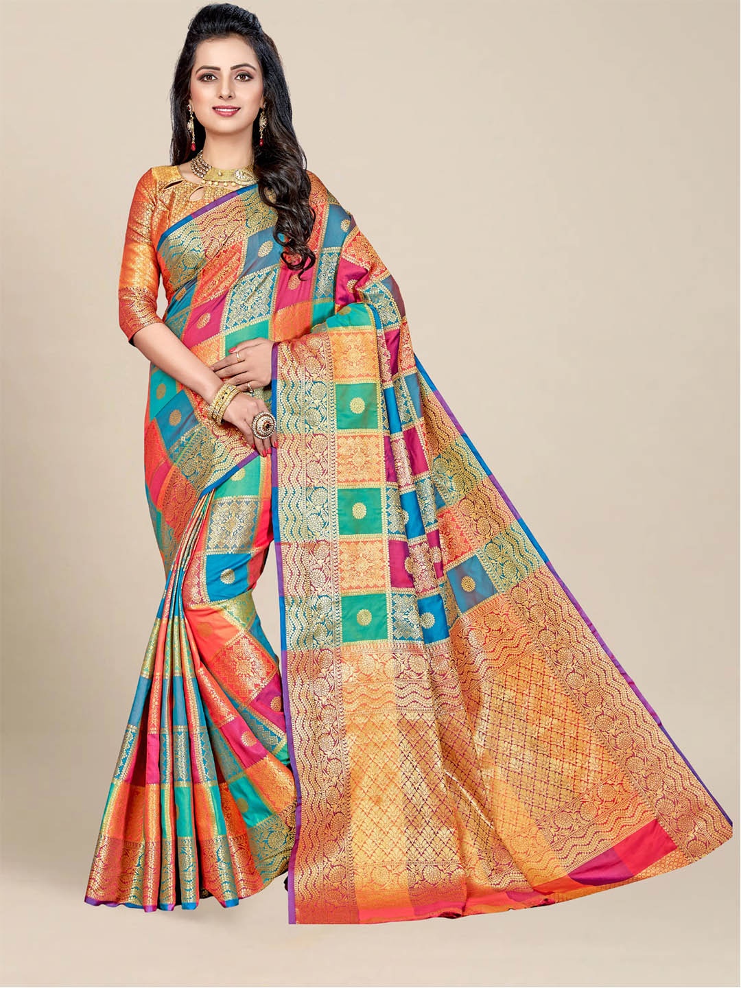 

MS RETAIL Red & Orange Woven Design Zari Silk Blend Kanjeevaram Saree