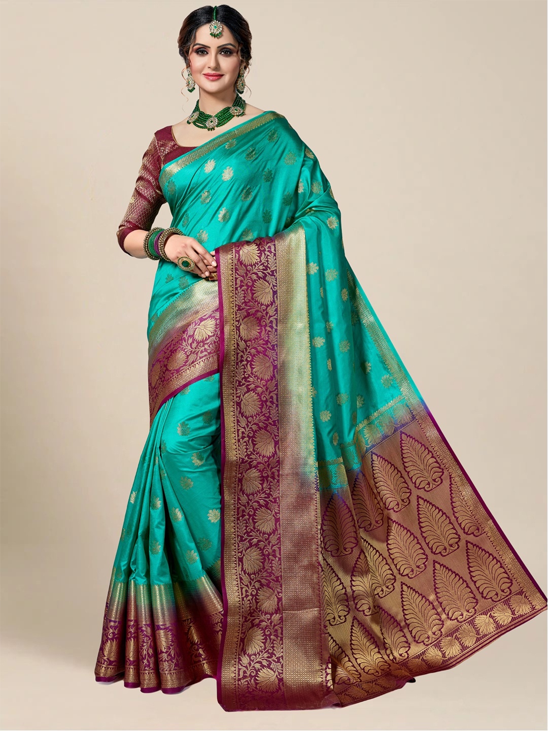 

MS RETAIL Turquoise Blue & Purple Woven Design Zari Silk Blend Kanjeevaram Saree