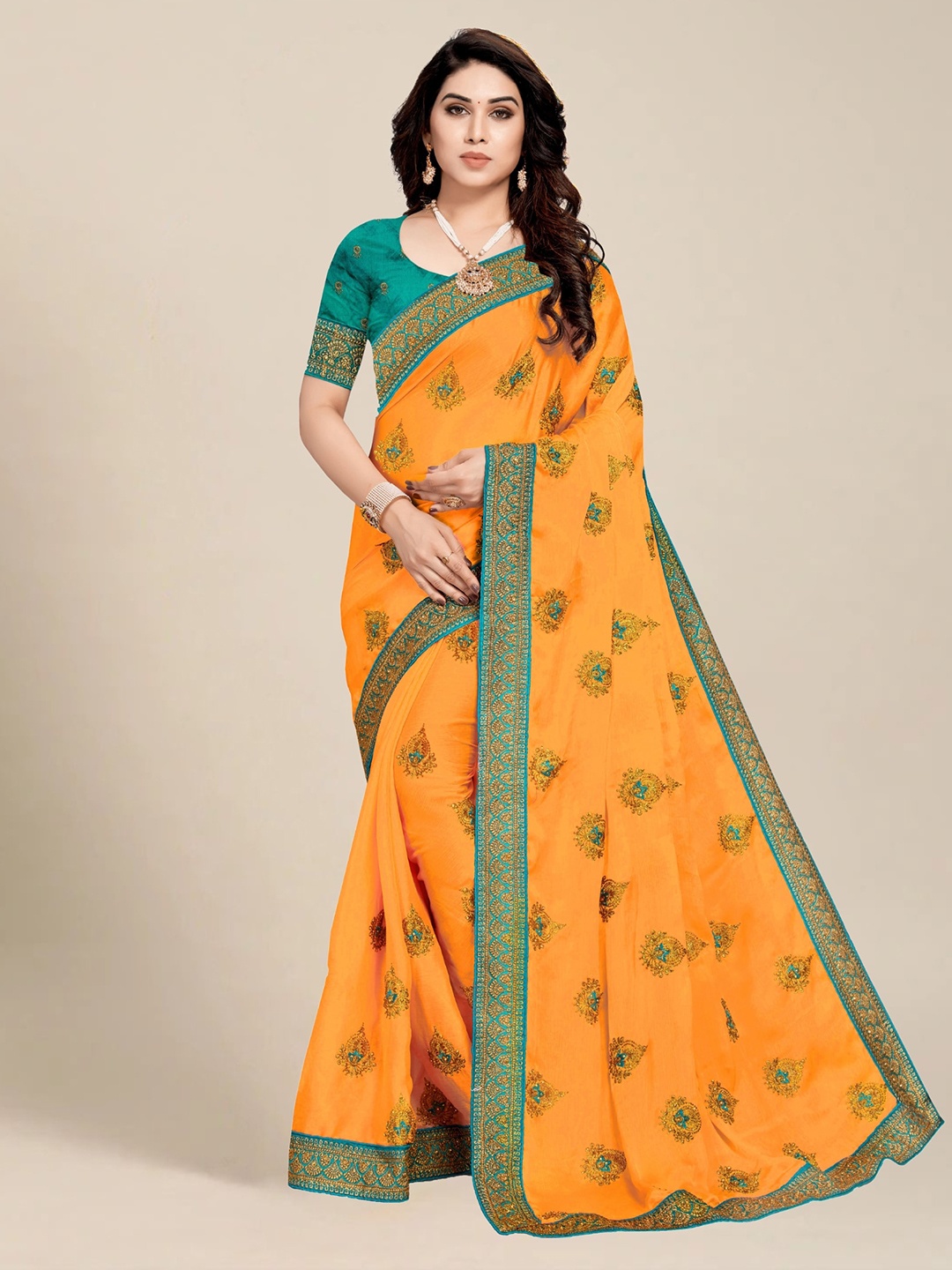 

MS RETAIL Orange & Blue Floral Embroidered Silk Blend Saree