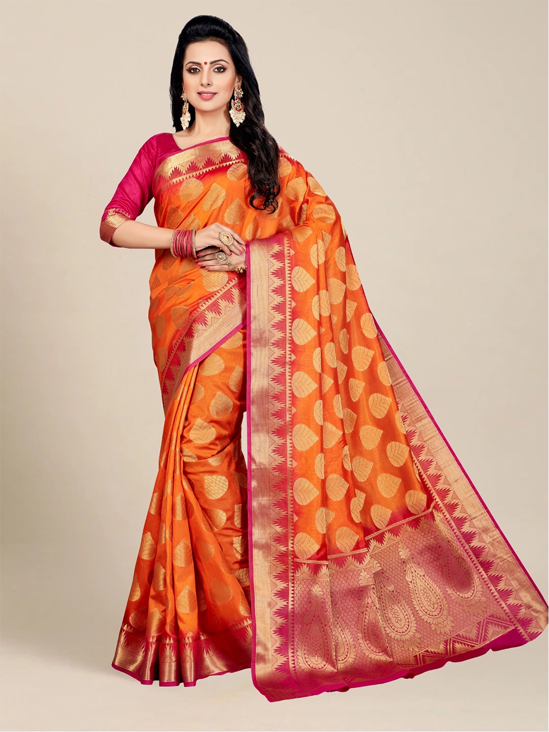 

MS RETAIL Orange & Pink Floral Zari Silk Blend Kanjeevaram Saree