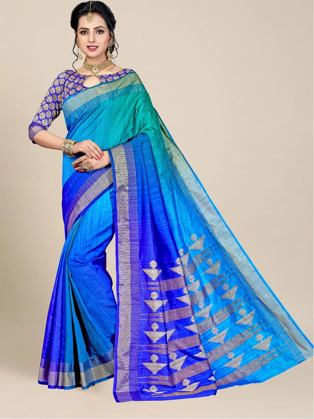 

MS RETAIL Blue & Gold-Toned Woven Design Zari Silk Blend Kanjeevaram Saree
