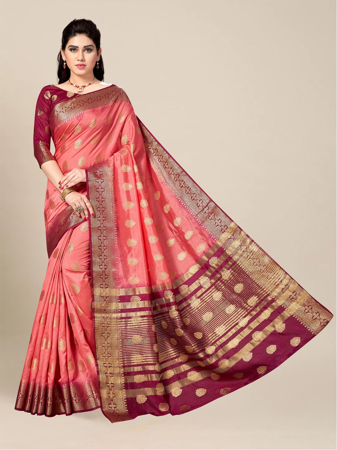 

MS RETAIL Pink & Maroon Woven Design Zari Silk Blend Kanjeevaram Saree