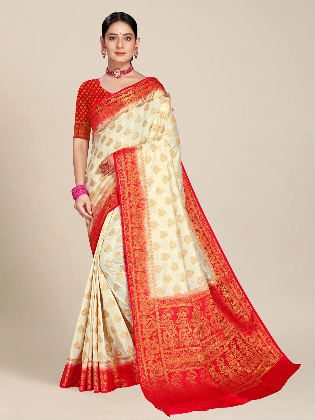 

MS RETAIL Cream & Red Floral Zari Silk Blend Kanjeevaram Saree