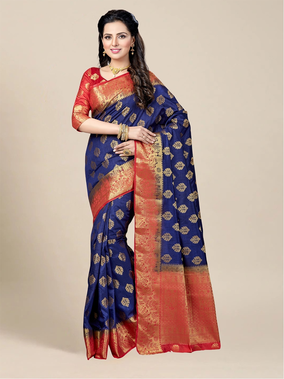 

MS RETAIL Navy Blue & Orange Ethnic Motifs Zari Silk Blend Kanjeevaram Saree